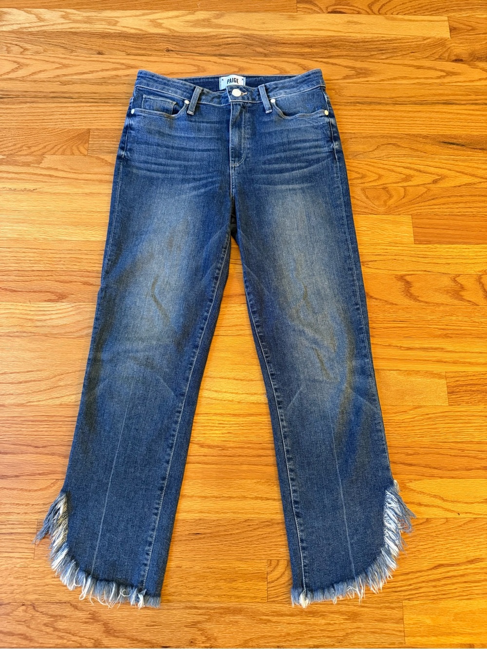PAIGE Dark Blue Fringe-Hem Wide Leg Jeans